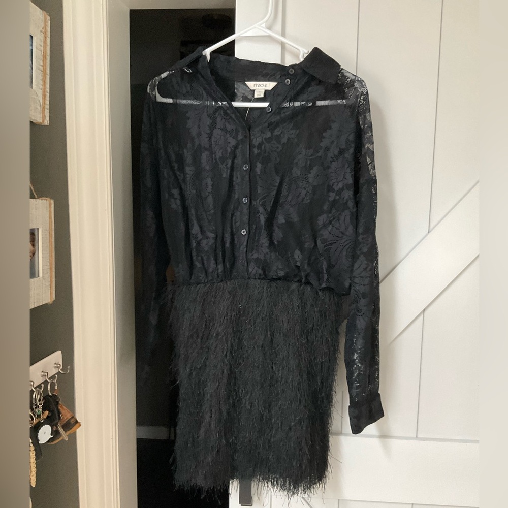 Anthropologie Maeve Black Long-Sleeve Sheer Bodice Lace Feather-Trim Mini Dress
